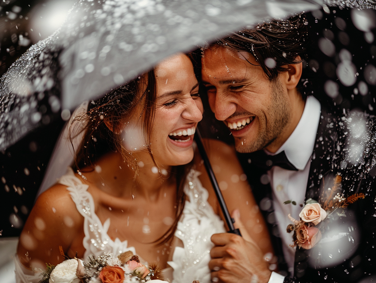 Een foto van een intieme bruiloft in de regen