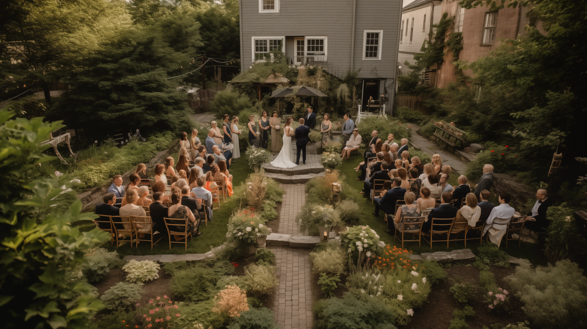 Een schilderachtige scène van een microwedding, waarin de essentie van intimiteit en persoonlijkheid is vastgelegd. De setting is een schilderachtige tuin in de buitenlucht, versierd met elegante decoraties en omringd door weelderig groen. De kleine bijeenkomst omvat alleen naaste familie en vrienden, met ongeveer 15-20 mensen, allemaal gekleed in elegante kleding, die vreugdevol met elkaar omgaan. De bruid en bruidegom staan in het midden en wisselen hun geloften uit onder een prachtige bloemenboog. De sfeer is warm en persoonlijk, met zachte verlichting die de romantische en intieme sfeer versterkt.