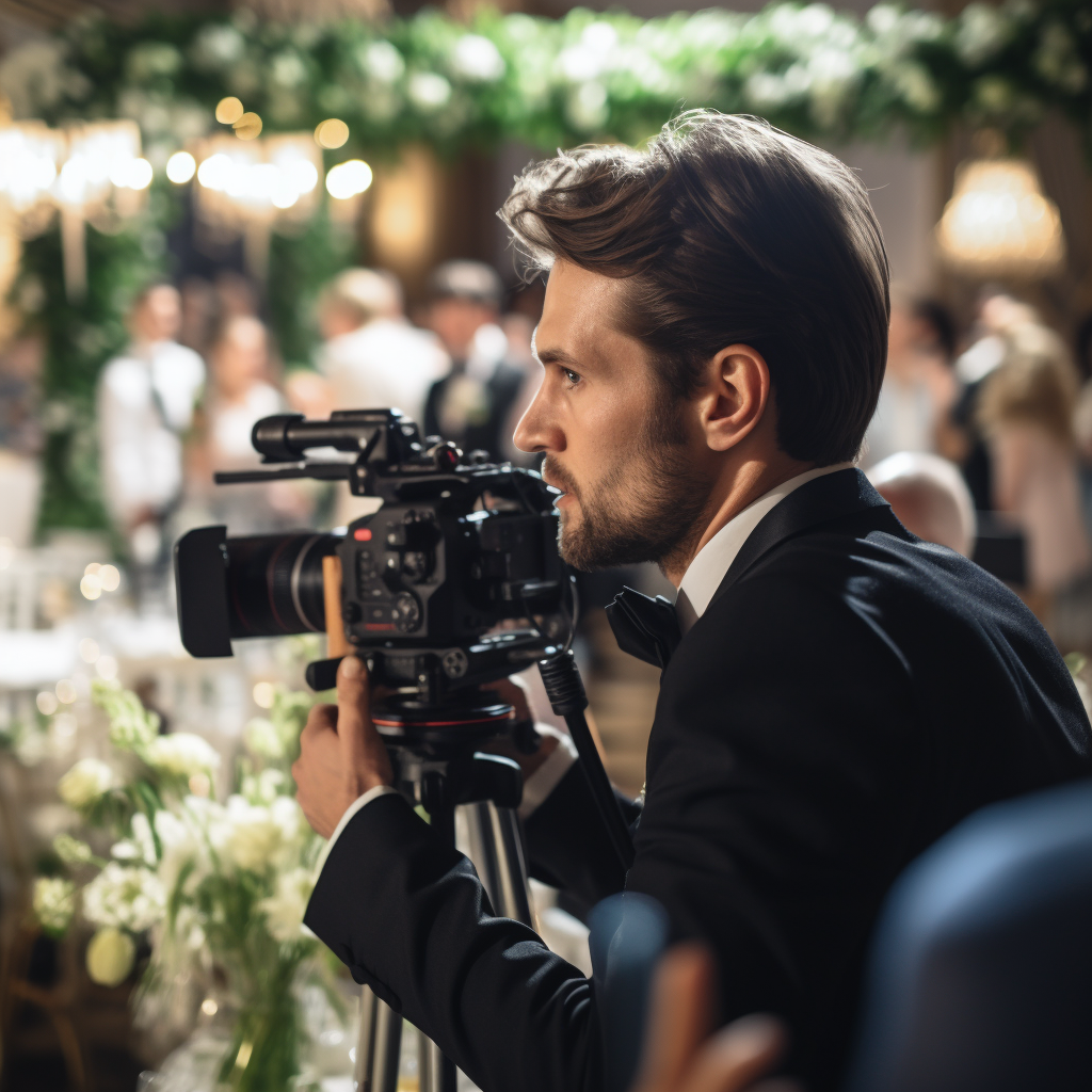 Een videograaf in actie, met op de voorgrond een zichtbaar draaiboek.