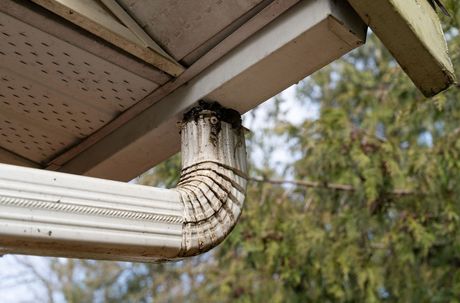 Picture of a exterior downspout gutter needing replacement at the elbow at the eaves trough.