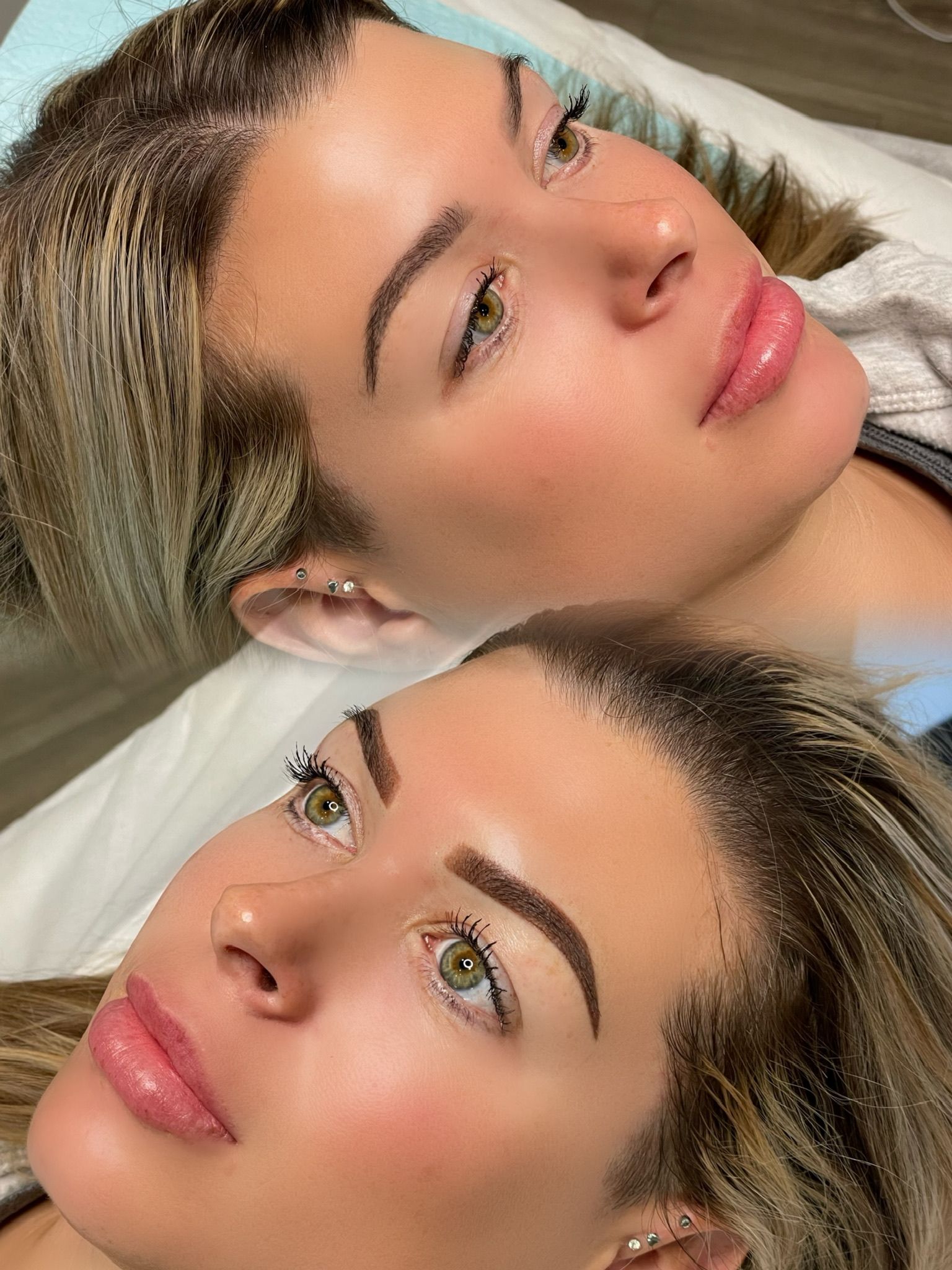 Two close-up portraits of a person with glittery eye makeup, glossy lips, and styled blonde hair on a white pillow