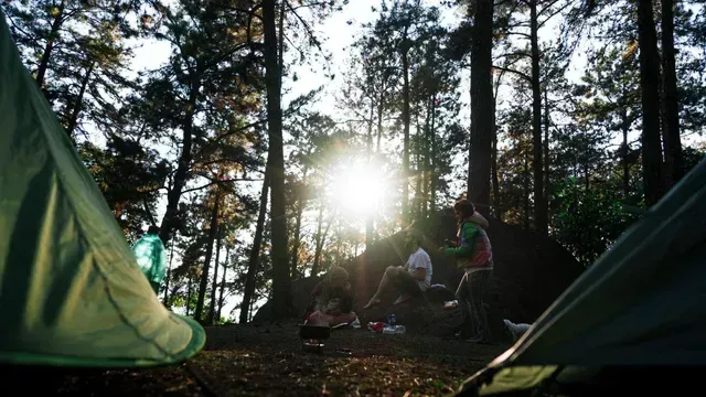 Campsite in a forest at sunset, with tents framing people gathered around a campfire.