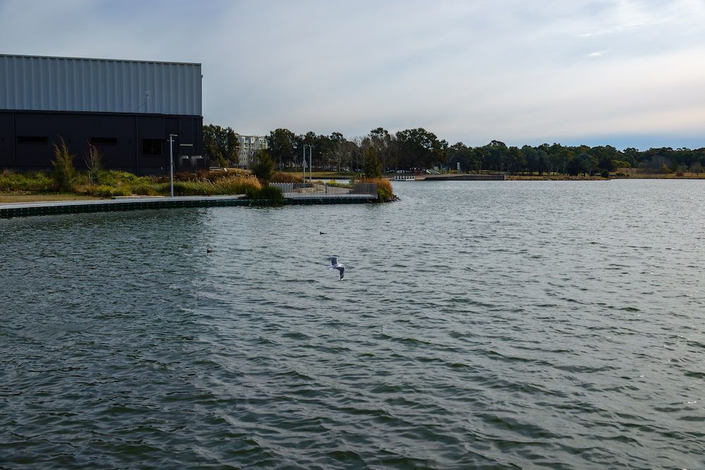 A Large Body Of Water With A Dock In The Foreground And A Building In The Background — Canberra Windscreens In Belconnen, ACT