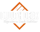 Logo for Duluth Deck, featuring orange geometric framing around white text reading "DULUTH DECK" and "Signature Deck Builder."