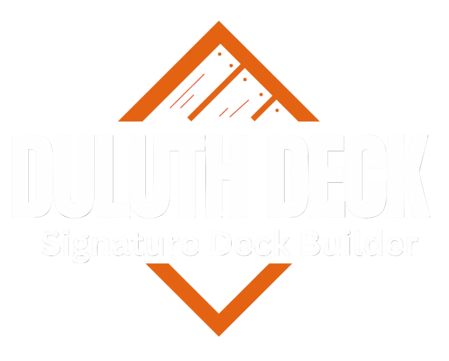 Logo for Duluth Deck, featuring orange geometric framing around white text reading "DULUTH DECK" and "Signature Deck Builder."