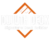 Logo for Duluth Deck, featuring orange geometric framing around white text reading "DULUTH DECK" and "Signature Deck Builder."