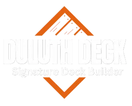 Logo for Duluth Deck, featuring orange geometric framing around white text reading "DULUTH DECK" and "Signature Deck Builder."