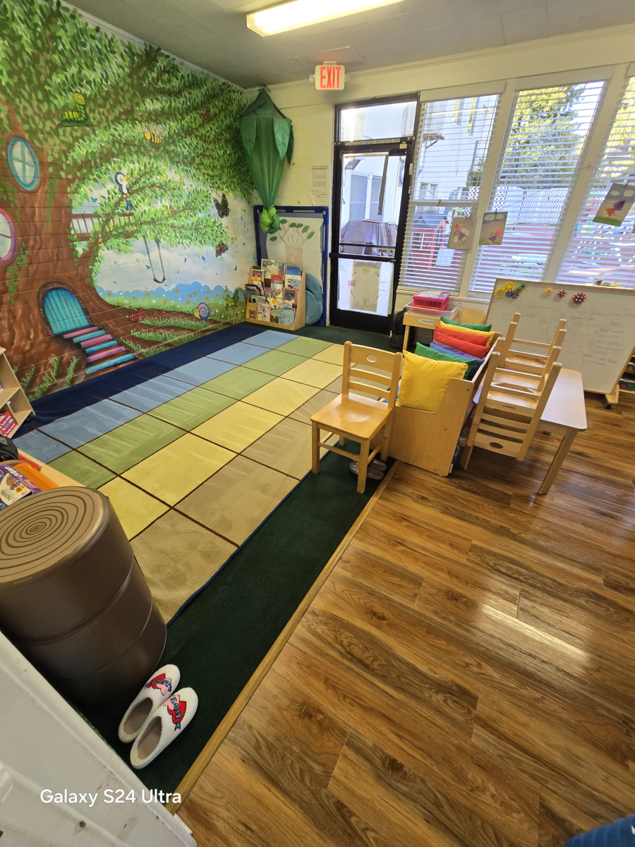 A cozy preschool classroom featuring a large wall mural of a tree, a colorful grid rug, two small chairs, and table.
