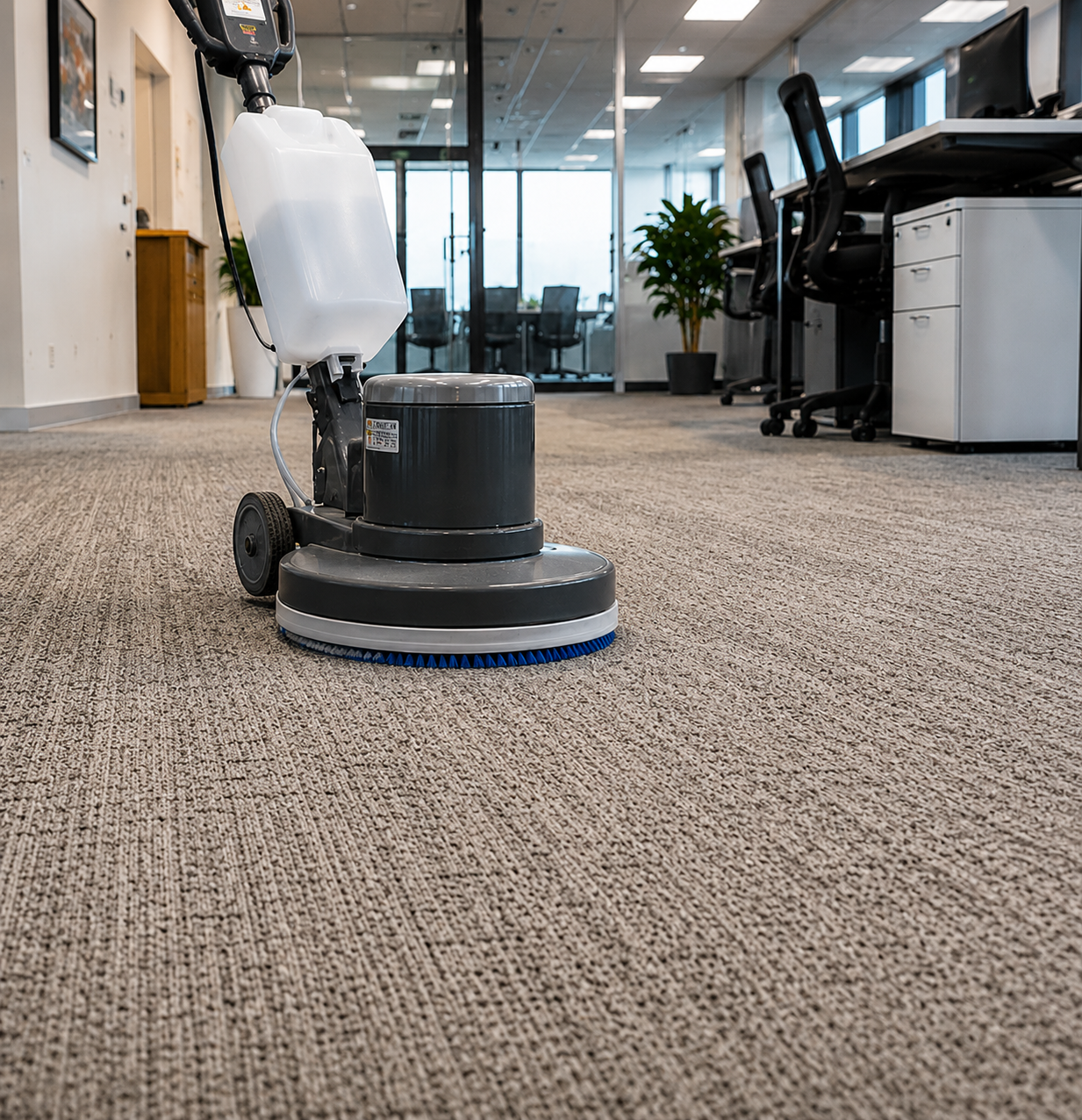 Autonomous floor-cleaning machine on carpet in an office hallway