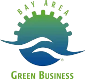 Logo for Bay Area Green Business featuring a stylized sun or gear shape with waves in shades of blue and green.