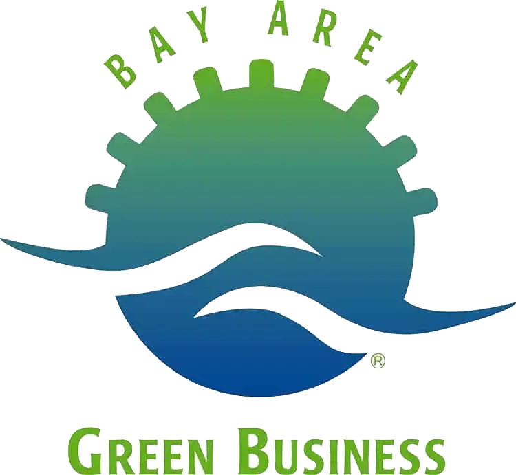 Logo for Bay Area Green Business featuring a stylized sun or gear shape with waves in shades of blue and green.