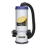 A white and purple ProTeam Super Coach HEPA commercial backpack vacuum cleaner with a black hose.