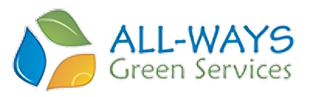 Logo for All-Ways Green Services featuring a blue water drop, green leaf, and yellow leaf beside the company name.