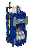 A blue janitorial cleaning cart containing cleaning supplies, spray bottles, and a tall pole tool.