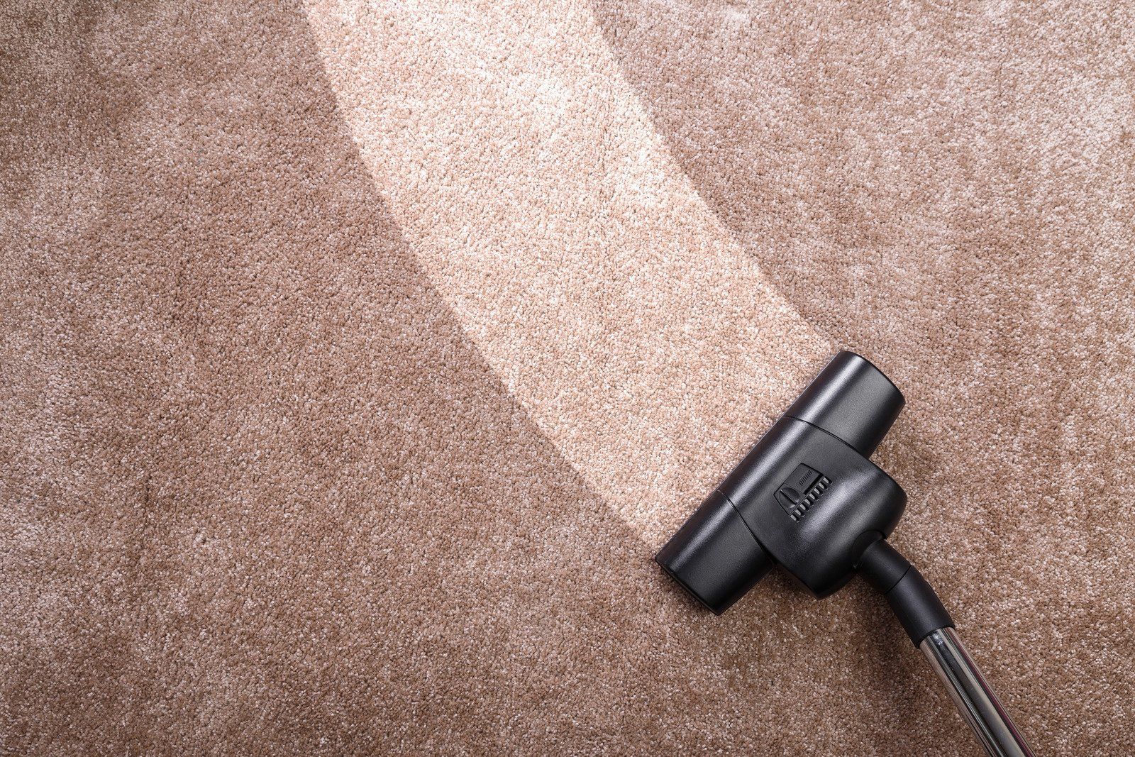 A carpet cleaning machine sits on dark textured carpet in a room with orange walls, a striped sofa, and a wall heater.