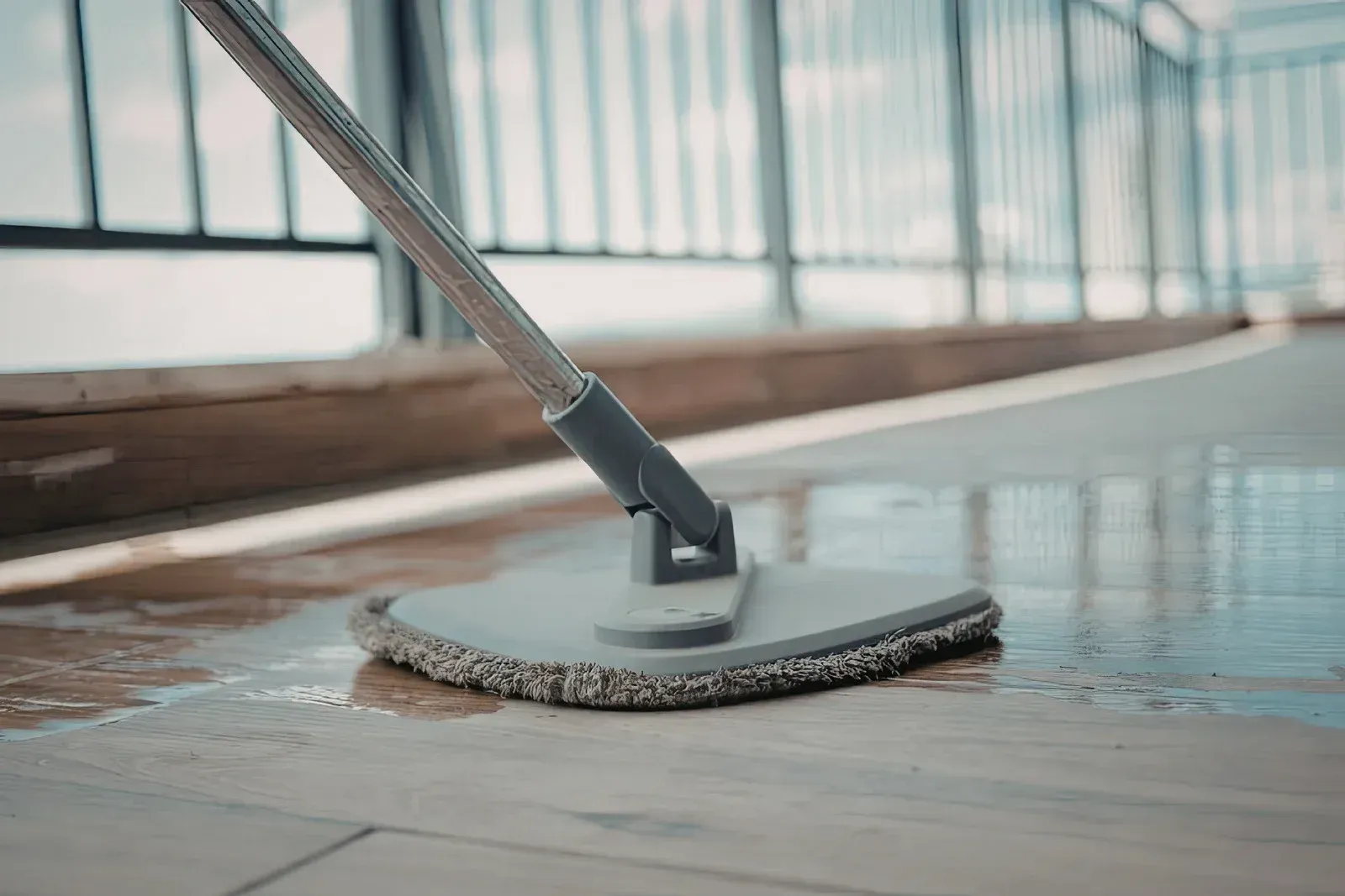 A mop cleans a wet, light-colored wooden floor on an outdoor balcony.