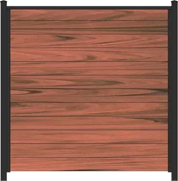 black aluminum frame with horizontal mocha walnut vinyl boards privacy screen