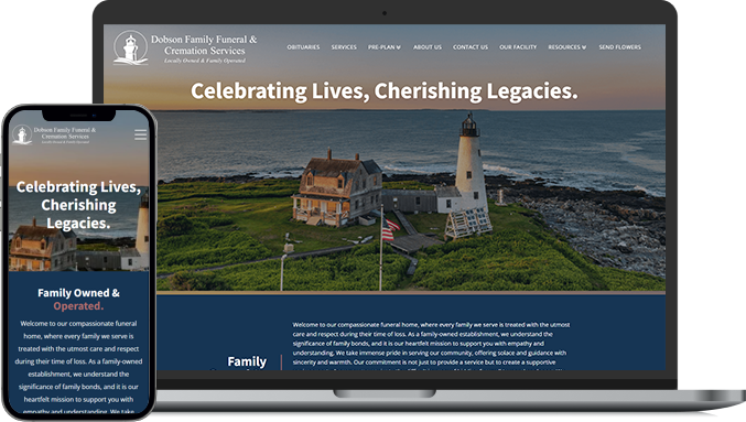 Laptop and phone displaying a travel website with lighthouse and coastal inn at sunset