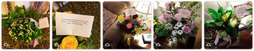 Collage of pink and white floral arrangements with greenery and a handwritten note.