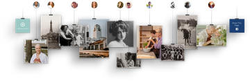 A hanging photo collage with clipped portraits and city scenes on a white wall, accented by teal and blue squares
