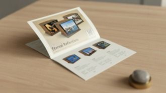 Folded brochure on a wooden table, with photos and text