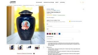 Product page showing a black ceramic urn with a photo memorial portrait