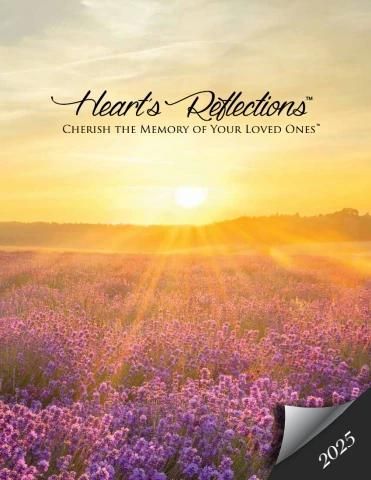Heart's Reflections 2025 urn catalog cover with a lavender field at sunset