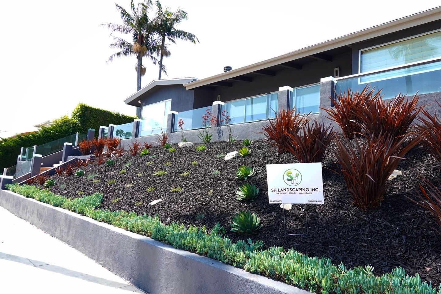 A dark gray modern home with landscaped hillside. Reddish-brown plants and black mulch in the garden.