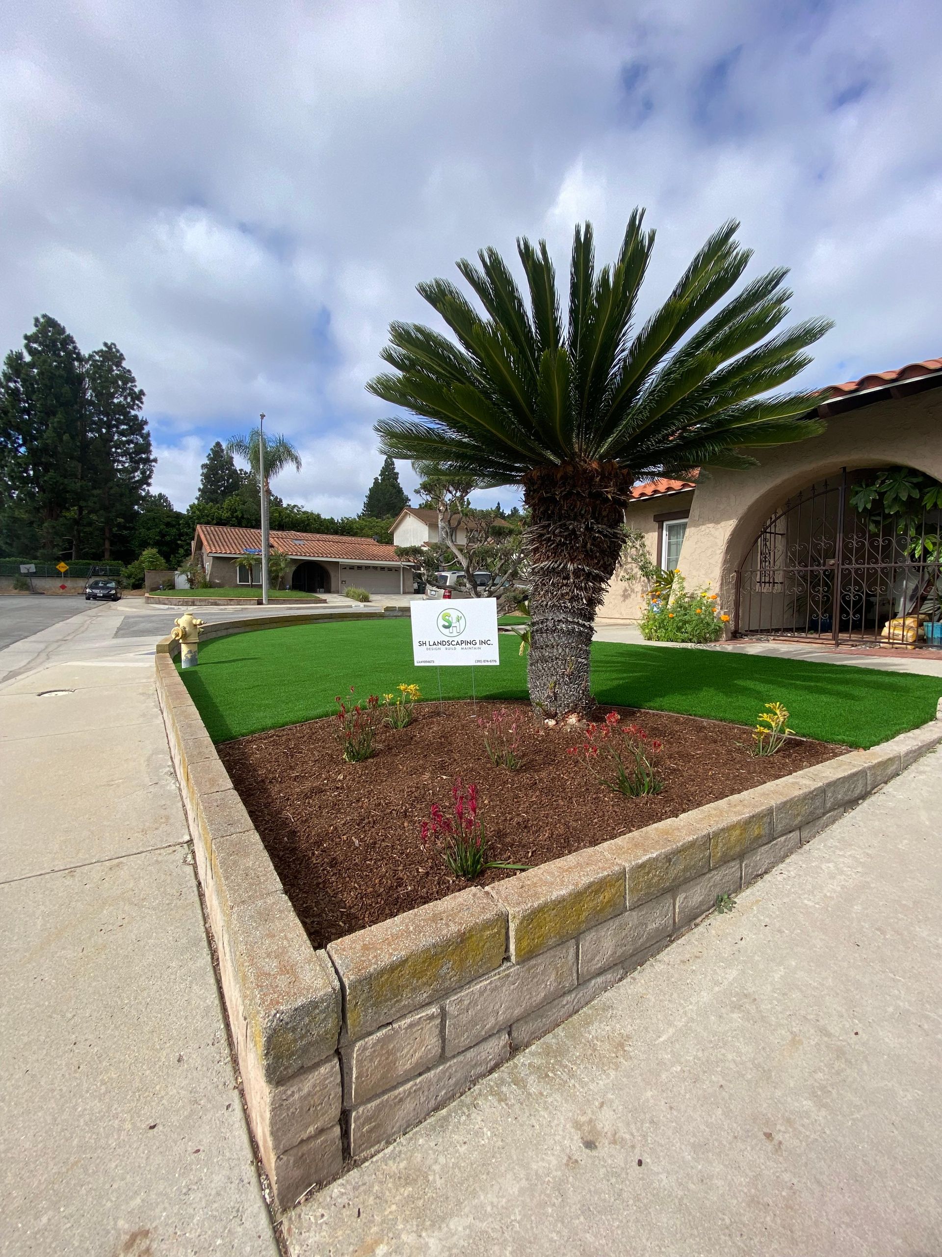A palm tree in a landscaped front yard with a brick retaining wall, green grass, and a cloudy sky.