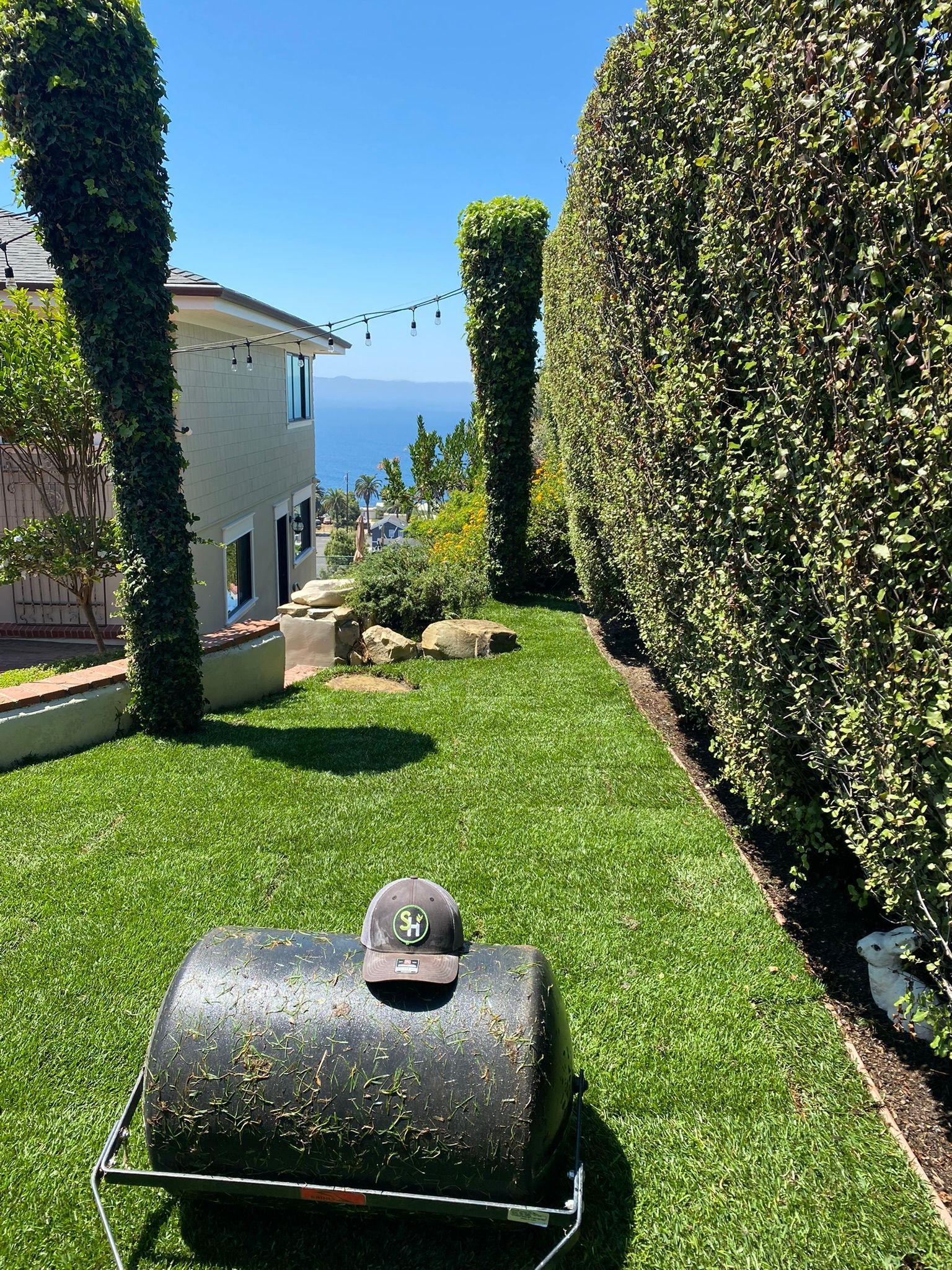 Lawn roller on green grass with a hat, tall green bushes, a house, and an ocean view.