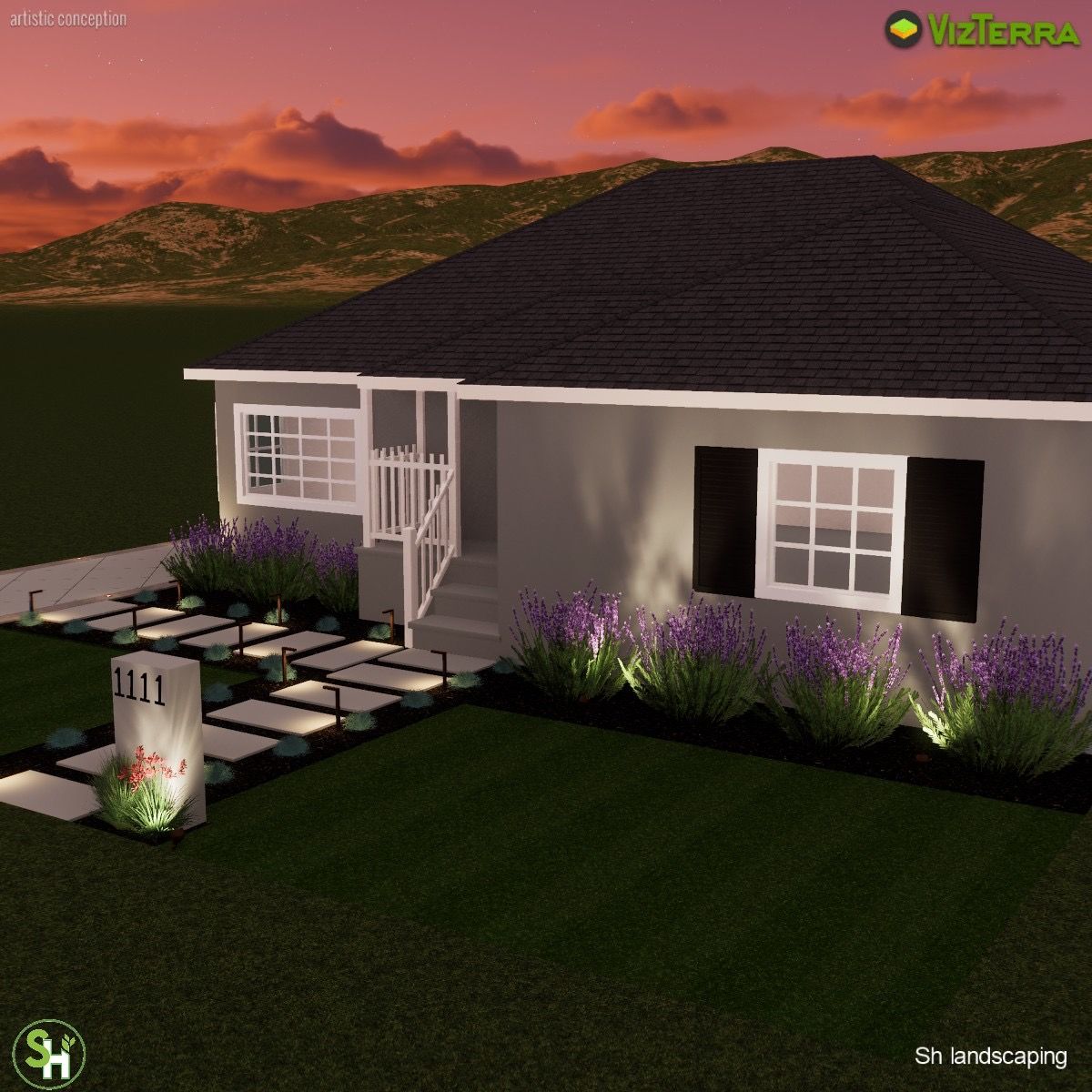 A gray house with a dark roof and landscaping at dusk.
