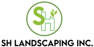 SH Landscaping Inc. logo with green “SH” and leaf inside a circle