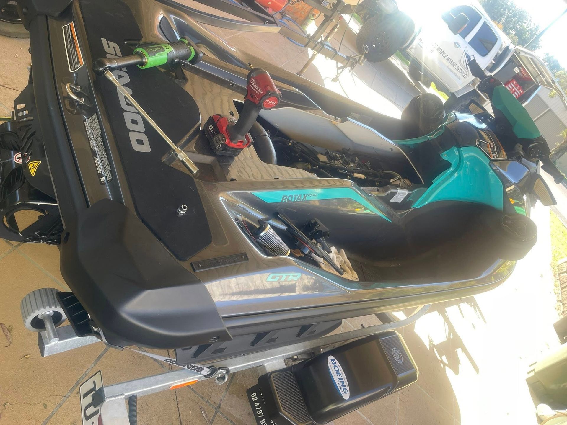 A Sea-doo Personal Watercraft Sits on a Trailer Outdoors — Hastings Mobile Marine Services In Wauchope, NSW