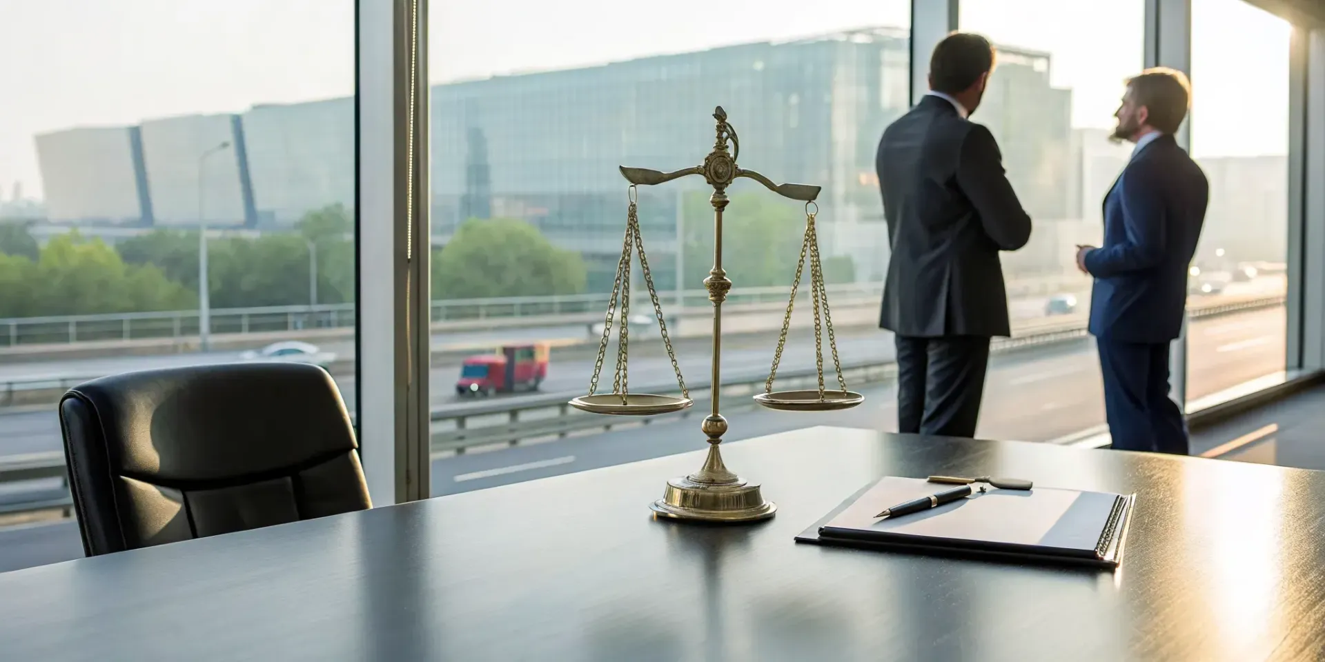Two lawyers at a truck accident law firm discuss a case with scales of justice on the desk.