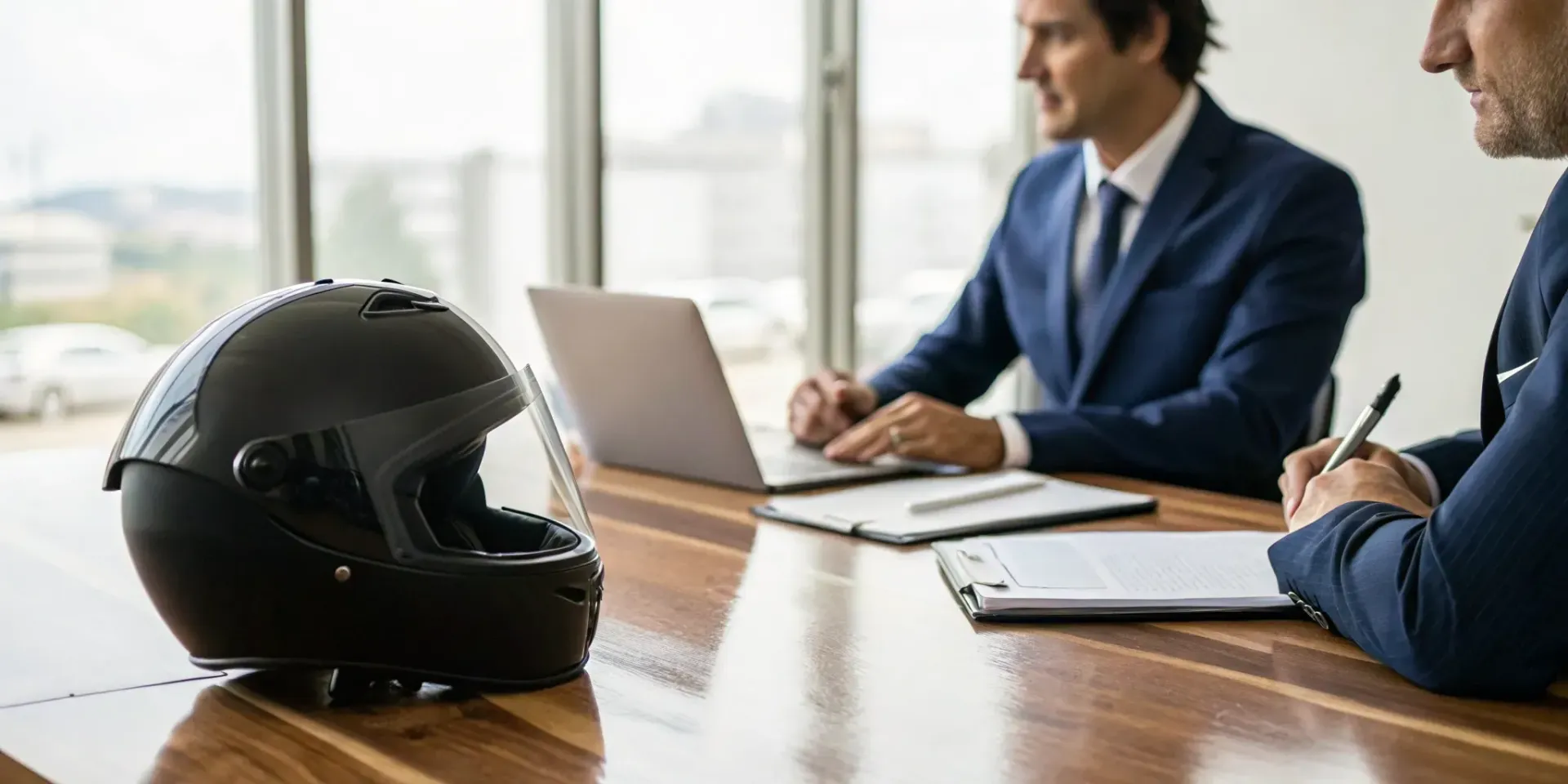 Motorcycle accident attorneys review a case with a helmet on the table.