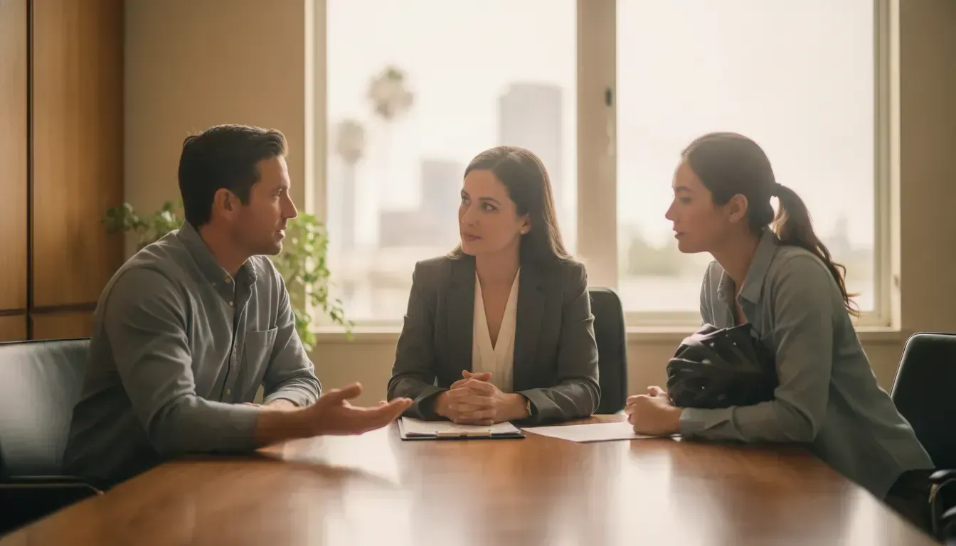 Pedestrian accident attorney Los Angeles meeting with a bicyclist and client about a California inju