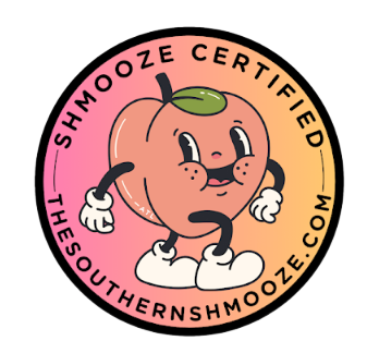 Pink peach mascot logo with “Shmooze Certified” and “TheSouthernShmooze.com” text around a smiling peach.