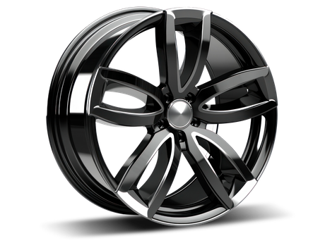 A black and silver five-spoke alloy car wheel with a metallic center cap on a white background.