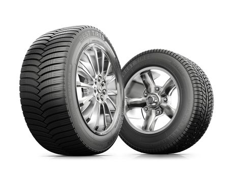 A stack of wheels with tires.