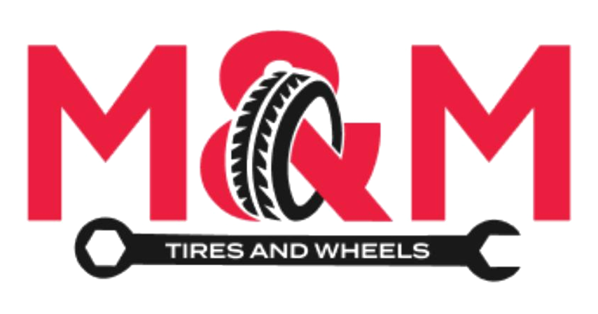 A red M&M logo featuring a tire in the center, underlined by a black wrench with the text 