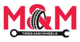 A red M&M logo featuring a tire in the center, underlined by a black wrench with the text 