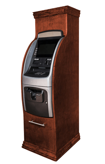 Brown wood ATM in a cabinet with a silver interface.