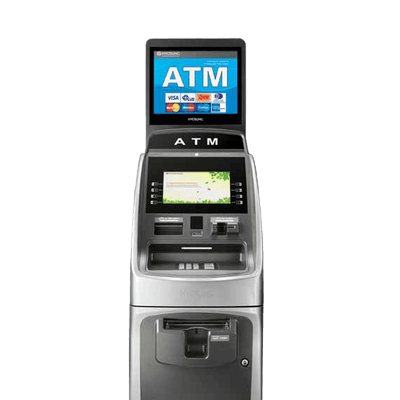 Silver ATM machine with a screen displaying 