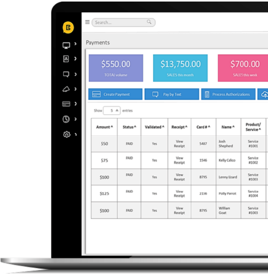 Laptop screen displaying a payment management dashboard with financial summaries and transaction details.