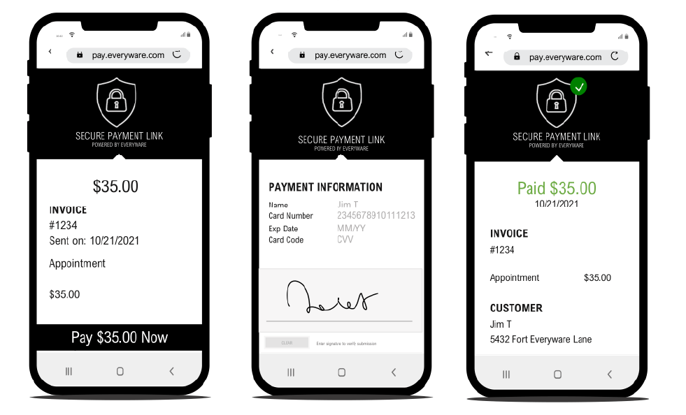Three mobile phone screens displaying a payment process: invoice, payment info, and payment confirmation.