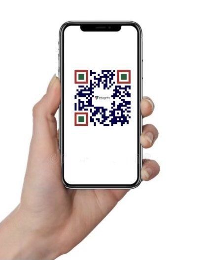 Hand holding a smartphone displaying a QR code with green and red accents against a white screen.