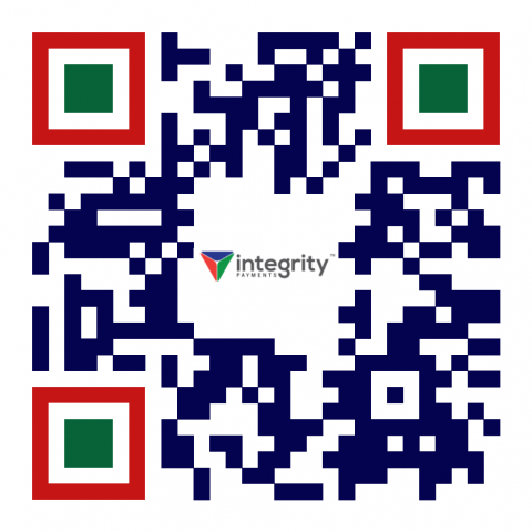 QR code with blue and white squares, red and green corner markers, and the Integrity Solutions logo in the center.