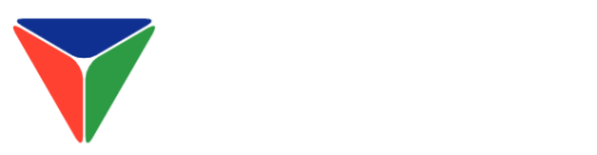 A stylized triangular logo with blue, red, and green elements.