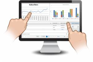 Hands interacting with a touch screen displaying subscriber data charts and graphs.