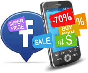 Facebook icon next to a smartphone with sale tags: 70% off, buy now, super price.